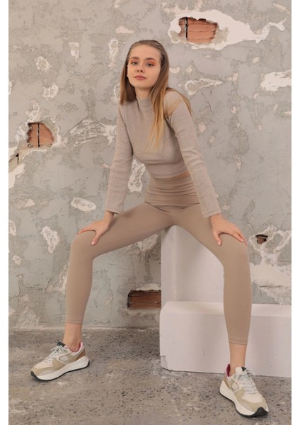 Fitilli Kumaş Toparlayıcı Örme Kadın Tayt-Bej fiyatları