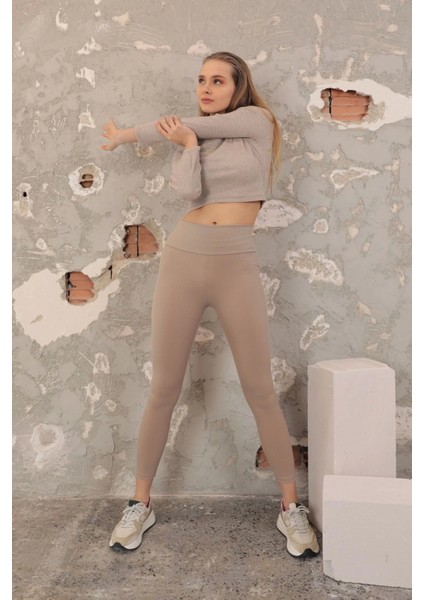 Fitilli Kumaş Toparlayıcı Örme Kadın Tayt-Bej fırsatları