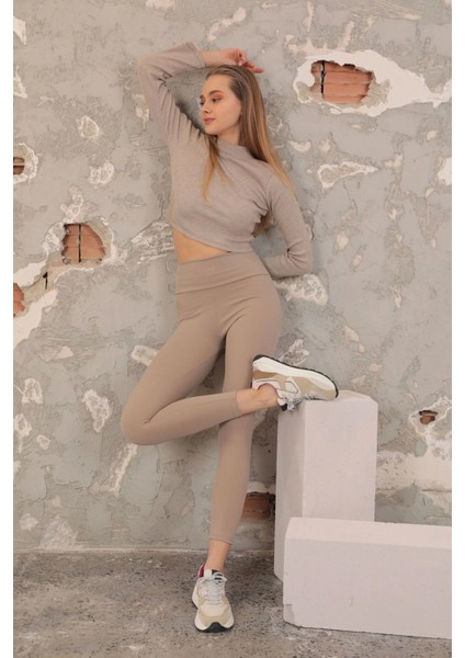 Fitilli Kumaş Toparlayıcı Örme Kadın Tayt-Bej indirimleri