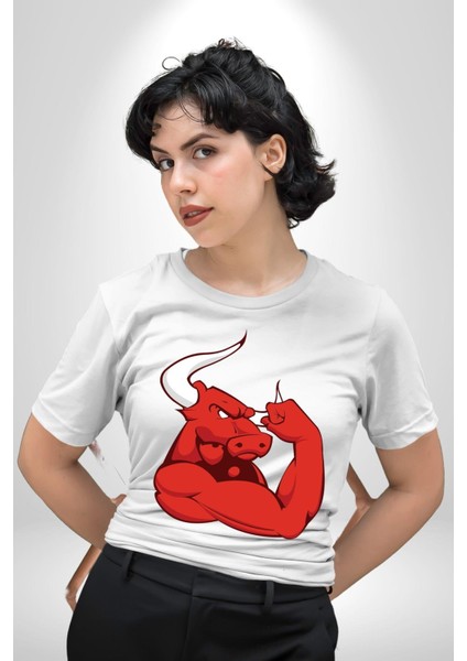 Kırmızı Boğa Maskotu Grafik Baskılı Pamuklu Penye Kadın Erkek Beyaz Tişört