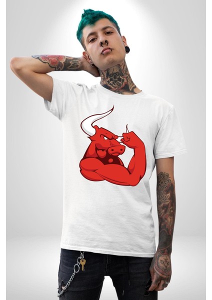 Kırmızı Boğa Maskotu Grafik Baskılı Pamuklu Penye Kadın Erkek Beyaz Tişört fiyatları