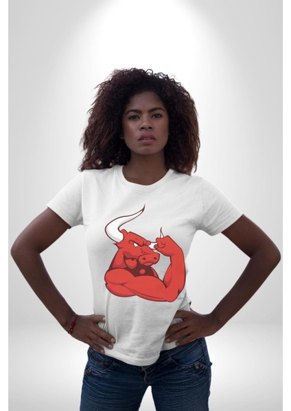 Kırmızı Boğa Maskotu Grafik Baskılı Pamuklu Penye Kadın Erkek Beyaz Tişört modelleri