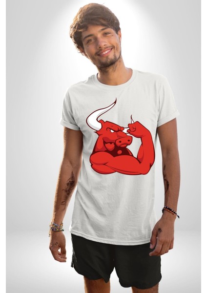Kırmızı Boğa Maskotu Grafik Baskılı Pamuklu Penye Kadın Erkek Beyaz Tişört fırsatları