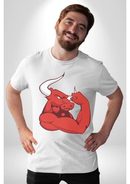 Kırmızı Boğa Maskotu Grafik Baskılı Pamuklu Penye Kadın Erkek Beyaz Tişört indirimleri