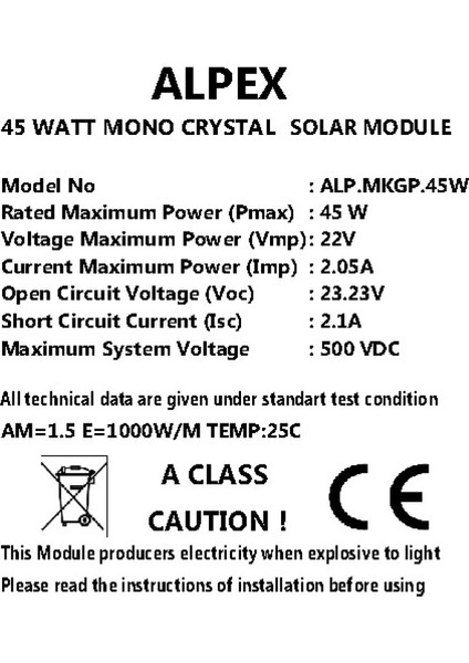 45 Watt Monokristal Güneş Paneli fiyatları