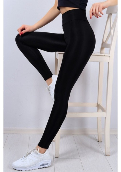 Kadın Siyah Yüksek Bel Parlak Toparlayıcı Disco Tayt