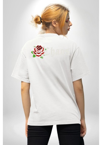 Beyaz Gül Kaos Sırt Baskılı Pamuklu Penye Kadın Erkek Beyaz Tişört modelleri