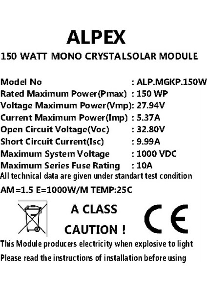 150 Watt Monokristal Güneş Paneli fiyatları