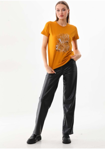 Kadın Yazı Detaylı Kısa Kol Pamuklu Bluz 23042 Safran fiyatları