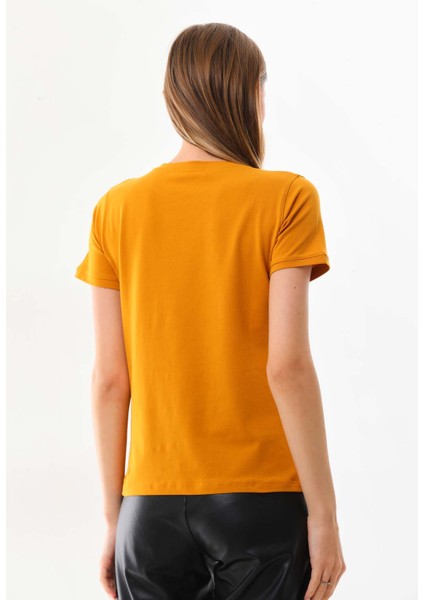Kadın Yazı Detaylı Kısa Kol Pamuklu Bluz 23042 Safran fırsatları