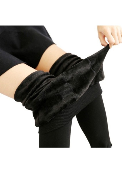 Kadın Siyah Tam Peluşlu Kışlık Esnek Tayt Kalın