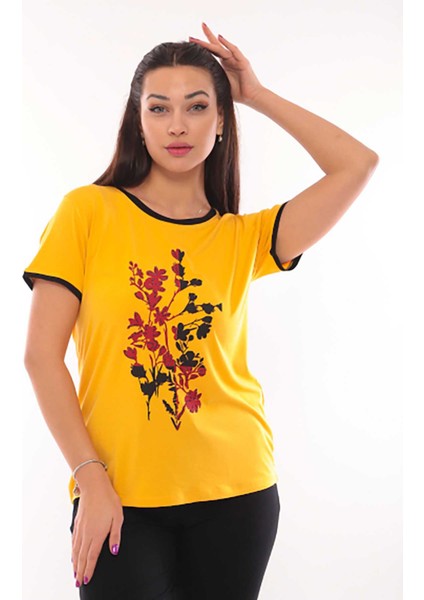 Kadın Bisiklet Yaka Desenli Kısa Kol Bluz 3087 Sarı fiyatları