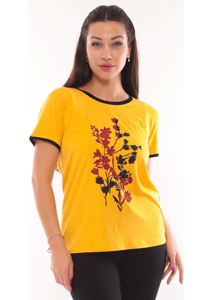 Kadın Bisiklet Yaka Desenli Kısa Kol Bluz 3087 Sarı modelleri