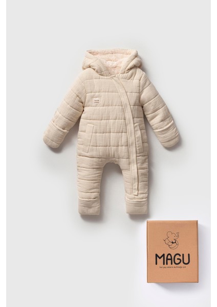 Unisex Bebek Organik Pamuklu Ekru Kapitone Kışlık Tulum - Kapüşonlu