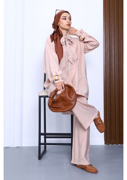 Bej Fermuarlı Modal Tunik Pantolonlu Takım