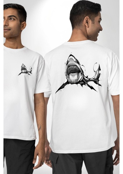 Dövme Shark Okyanus Köpekbalığı Cep Sırt Baskılı Pamuklu Penye Kadın Erkek Beyaz Tişört fırsatları