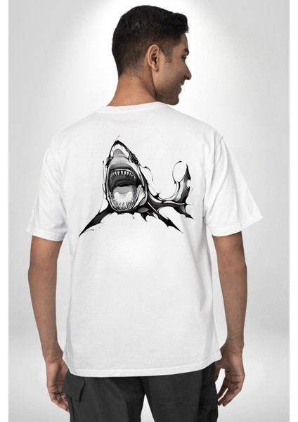 Dövme Shark Okyanus Köpekbalığı Cep Sırt Baskılı Pamuklu Penye Kadın Erkek Beyaz Tişört indirimleri