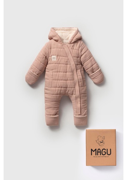 Kız Bebek Organik Pamuklu Pembe Kapitone Kışlık Tulum - Kapüşonlu