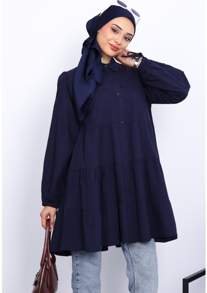 Lacivert Kol Bağcıklı Tunik