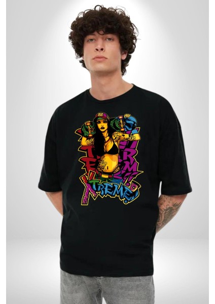 Kayakcı Kız Grafik Baskılı Pamuklu Penye Kadın Erkek Siyah Tişört indirimleri