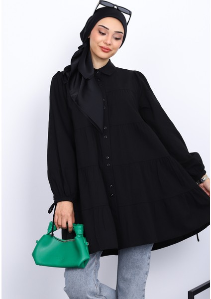 Siyah Kol Bağcıklı Tunik