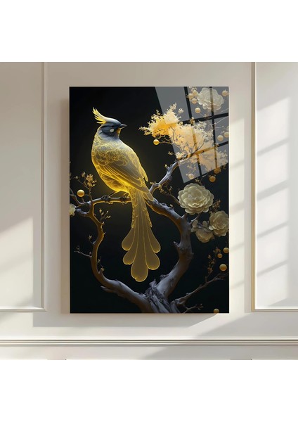 Altın Sarısı Kanarya Cam Tablo – Modern Dekoratif Kuş Figürü Duvar Tablosu