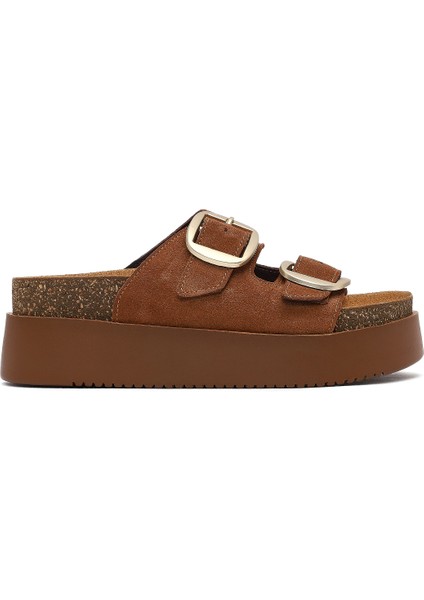 Kadın Taba Çift Tokalı Kalın Tabanlı Süet Deri Terlik 25SFD132810