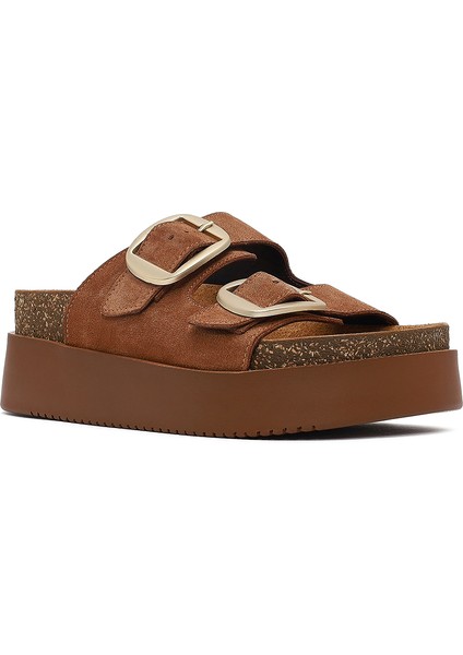 Kadın Taba Çift Tokalı Kalın Tabanlı Süet Deri Terlik 25SFD132810