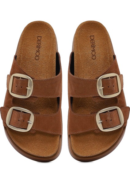 Kadın Taba Çift Tokalı Kalın Tabanlı Süet Deri Terlik 25SFD132810