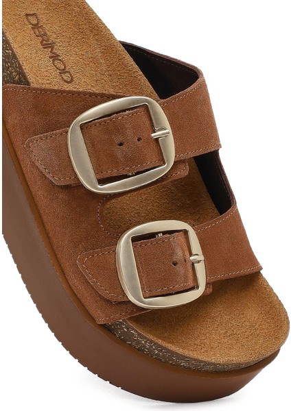 Kadın Taba Çift Tokalı Kalın Tabanlı Süet Deri Terlik 25SFD132810