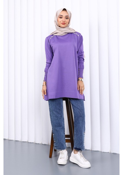 Mor Omuz Taşlı Soguk İplik Triko Tunik