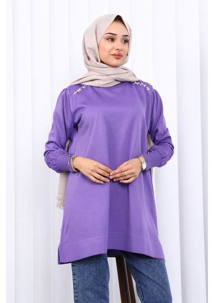 Mor Omuz Taşlı Soguk İplik Triko Tunik fiyatları