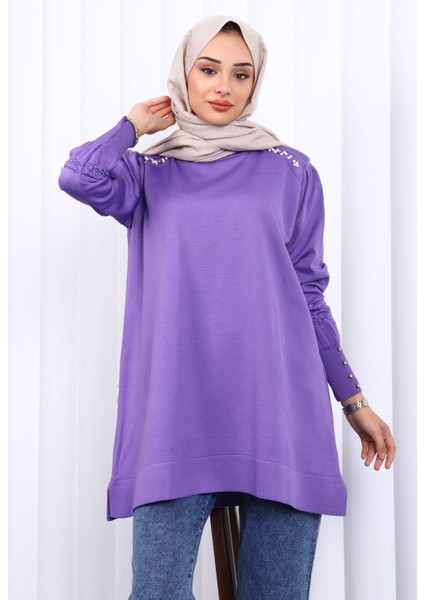 Mor Omuz Taşlı Soguk İplik Triko Tunik modelleri