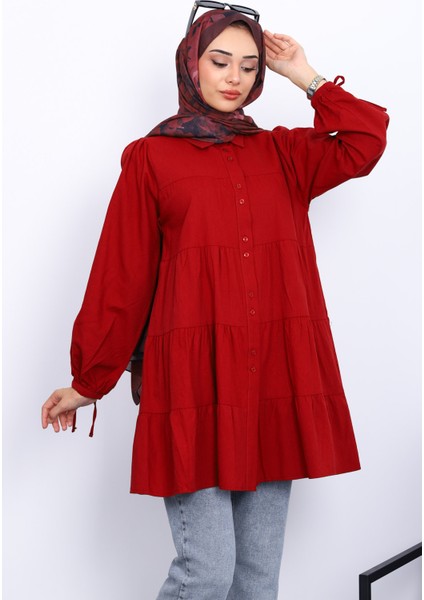 Bordo Kol Bağcıklı Tunik