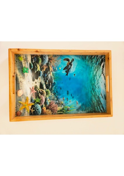 Ahşap Epoksi Deniz Temalı El Yapımı Servis Tepsisi