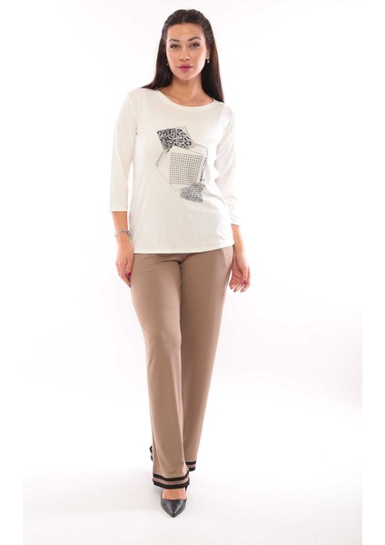 Kadın Bisiklet Yaka Desenli Bluz 3327 Ekru