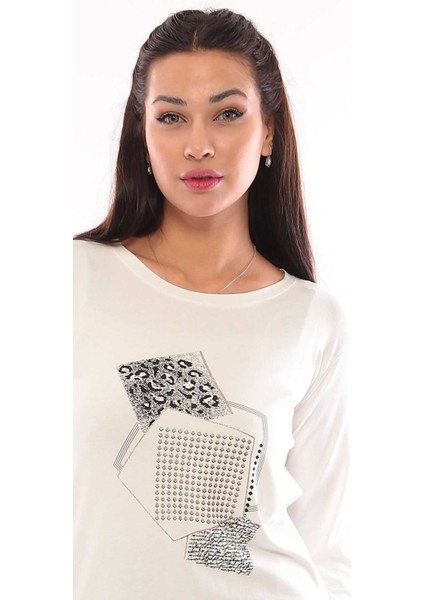 Kadın Bisiklet Yaka Desenli Bluz 3327 Ekru modelleri