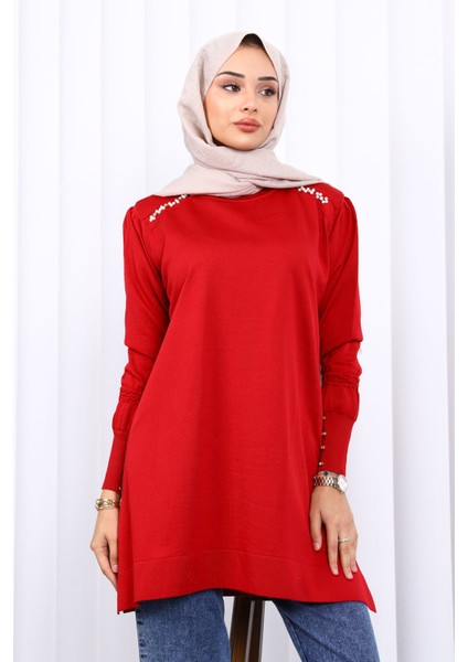 Bordo Omuz Taşlı Soguk İplik Triko Tunik