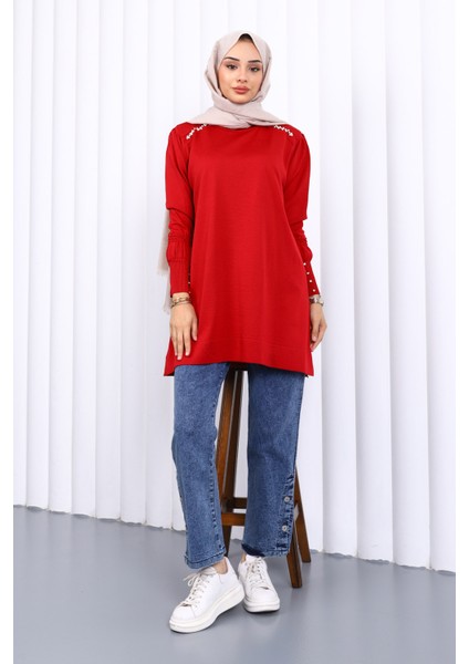 Bordo Omuz Taşlı Soguk İplik Triko Tunik fiyatları