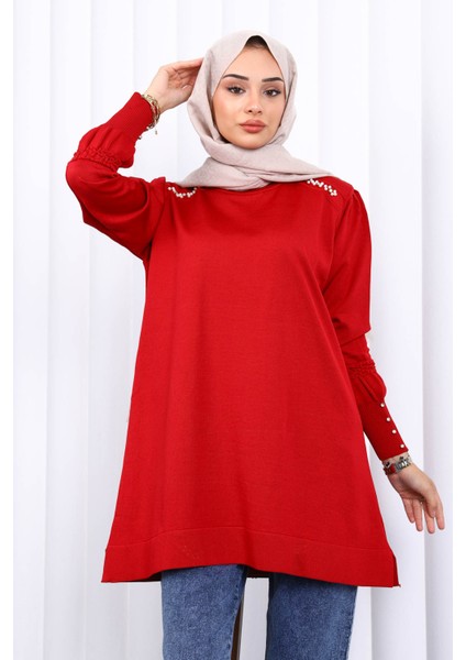 Bordo Omuz Taşlı Soguk İplik Triko Tunik modelleri
