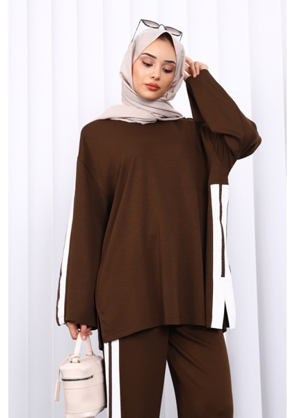 Kahverengi Renk Bloklu Tunik Pantolonlu Takım modelleri