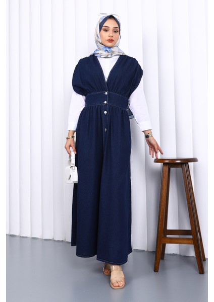 Lacivert Kruvaze Yaka Düğmeli Kot Elbise