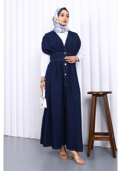 Lacivert Kruvaze Yaka Düğmeli Kot Elbise fiyatları