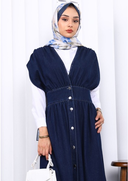 Lacivert Kruvaze Yaka Düğmeli Kot Elbise modelleri