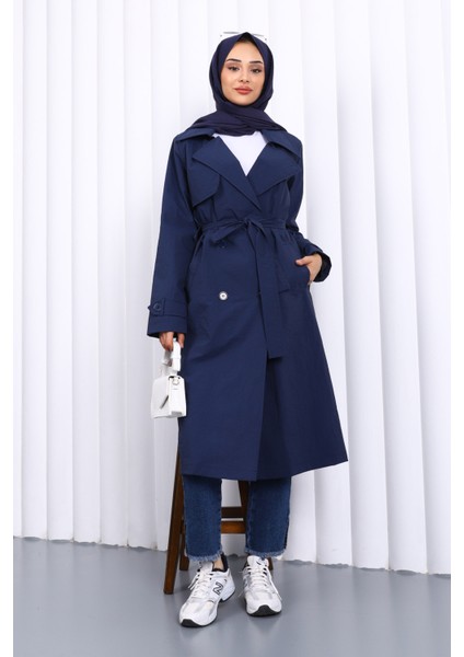 Lacivert Kruvaze Yaka Trençkot