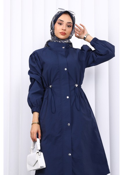 Lacivert Çıtçıtlı Bel Lastikli Trençkot modelleri