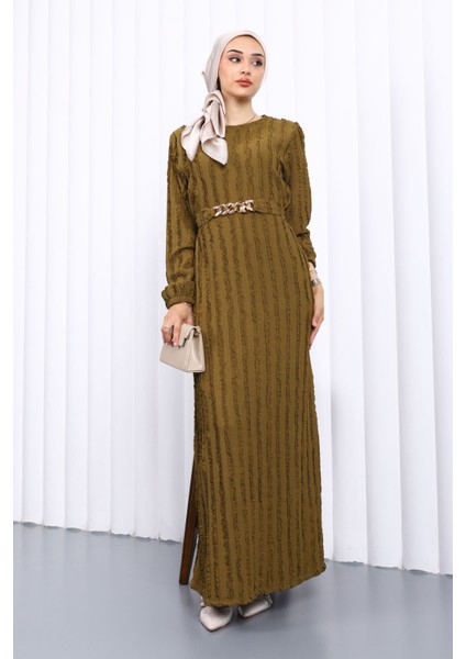 Haki Beli Kemerli Fırfır Detaylı Gofre Elbise