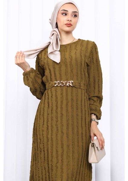Haki Beli Kemerli Fırfır Detaylı Gofre Elbise modelleri