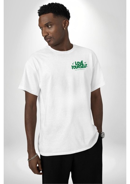Sev Kendini Olumlu Bakış Açısı Yazılı Minimal Cep Baskılı Pamuklu Penye Kadın Erkek Beyaz Tişört