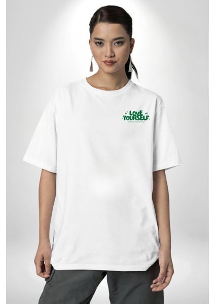 Sev Kendini Olumlu Bakış Açısı Yazılı Minimal Cep Baskılı Pamuklu Penye Kadın Erkek Beyaz Tişört fiyatları